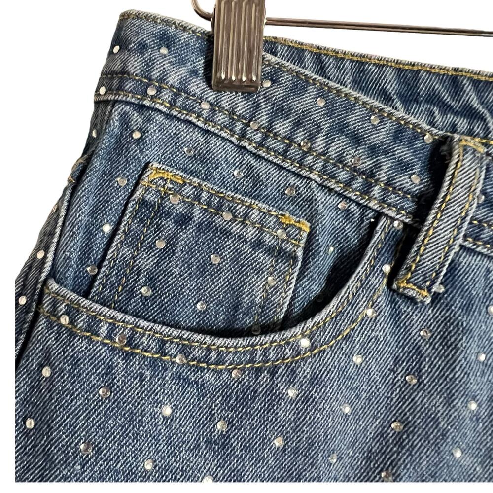 Superdown Kierra Rhinestone High Waist Raw Hem Denim Blue Jean Shorts Size M - Picture 6 of 10